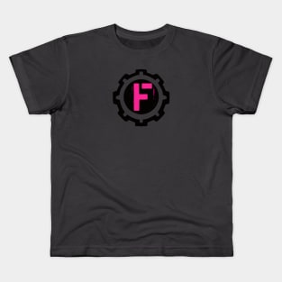 Pink Letter F in a Black Industrial Cog Kids T-Shirt